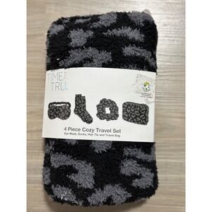 Time and Tru 4 Piece Cozy Travel Set Leopard Print Eye Mask Socks Hair Tie Bag